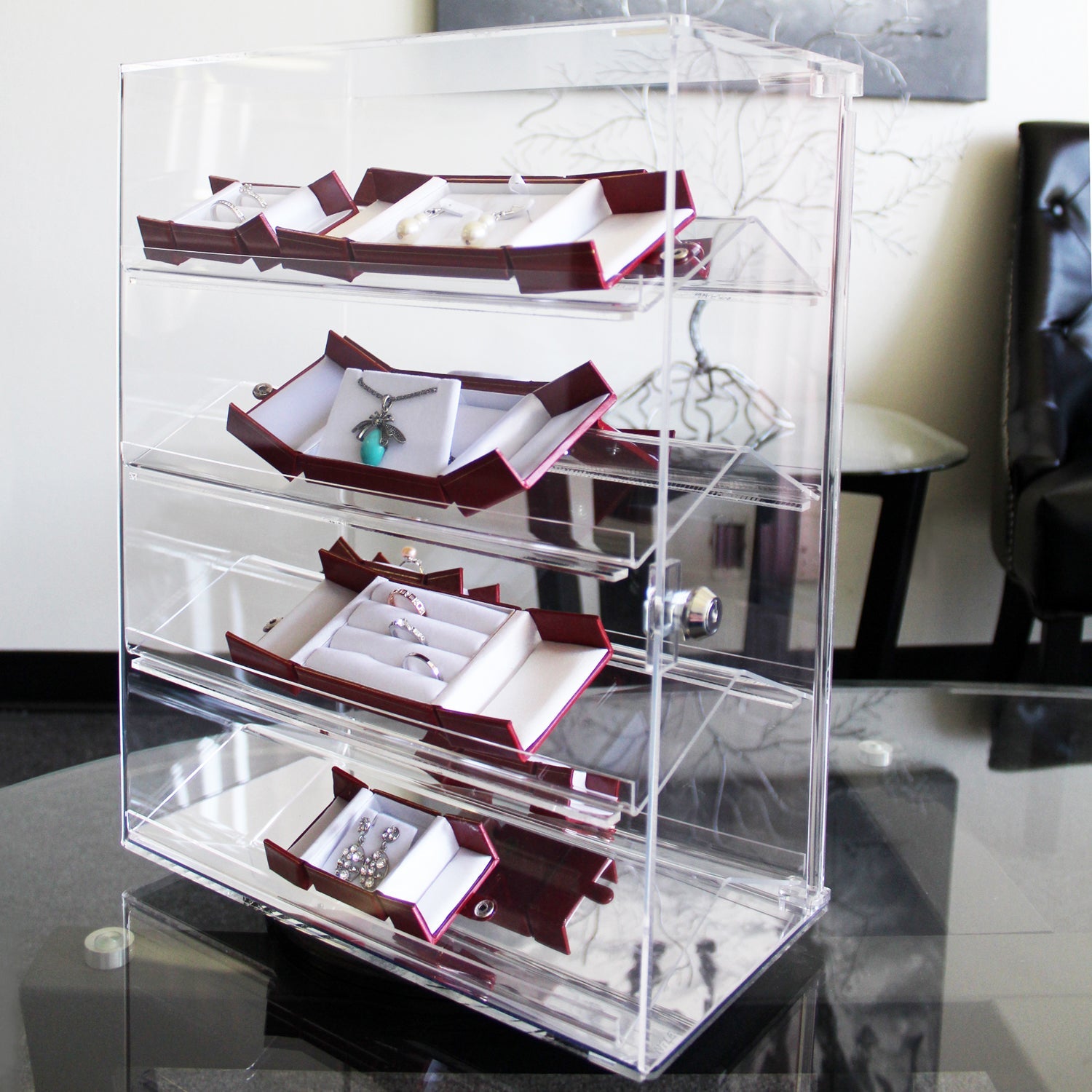 Lockable Showcase Rotating Acrylic Display Stand with 4 Removable Shelves
